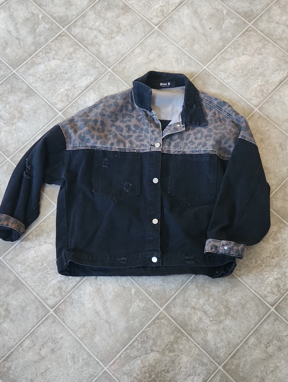Distressed Black Denim & Cheetah Print Jacket